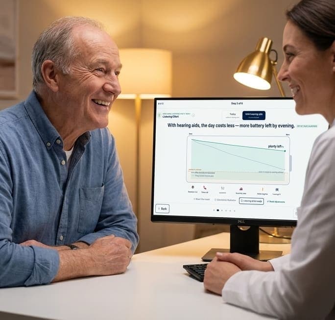 An audiologist and patient looking at an OViz visual on a laptop