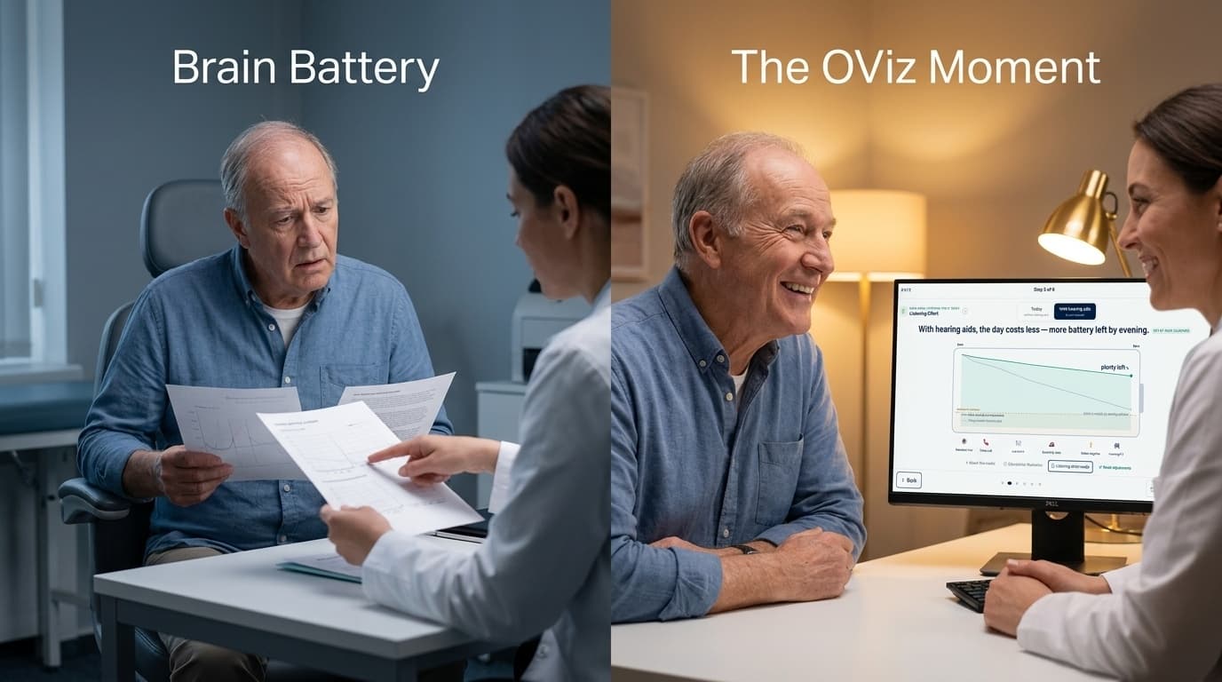 Brain Battery: a patient studies a sheaf of audiogram printouts with a worried expression. The OViz Moment: he grins beside a clinician at a monitor showing his listening effort curve — with hearing aids, the day costs less, with plenty of battery left by evening.