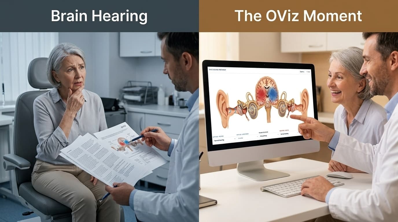 Brain Hearing: a patient frowns at a dense printed handout of ear anatomy. The OViz Moment: she smiles as a clinician points at the OViz Sound Pathway on screen, one ear blocked beside a healthy one.
