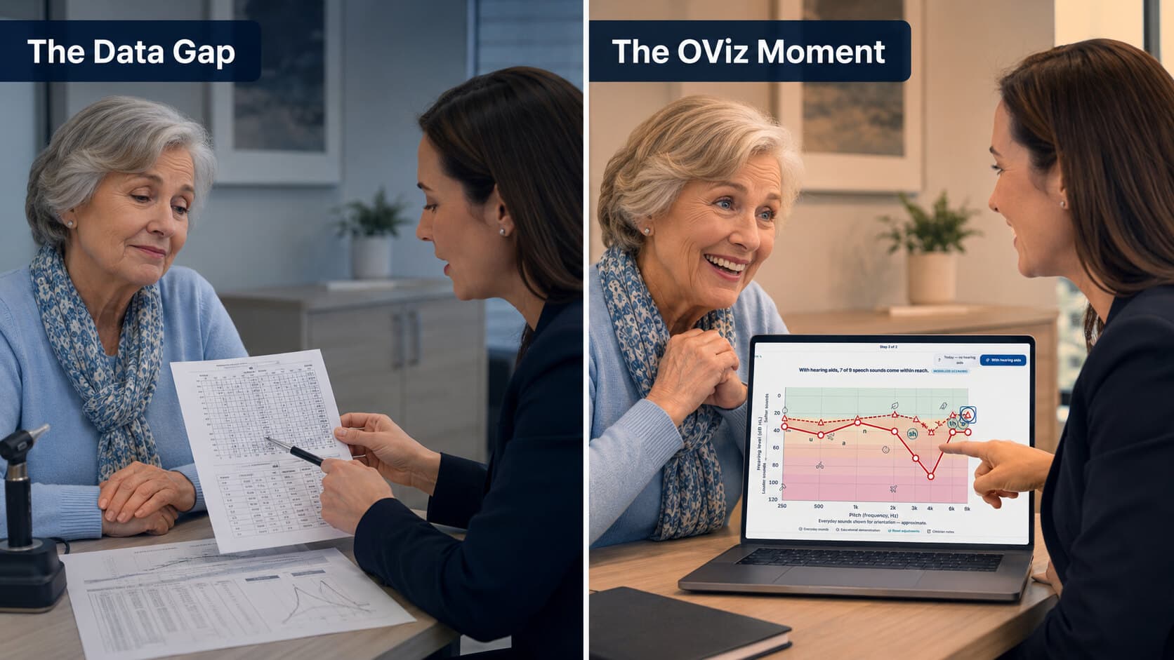 The Data Gap: a patient watches politely, unmoved, while a clinician points a pen at a printed table of audiogram numbers. The OViz Moment: the same two people laugh together at a laptop showing a speech-sounds chart — with hearing aids, 7 of 9 speech sounds come within reach.