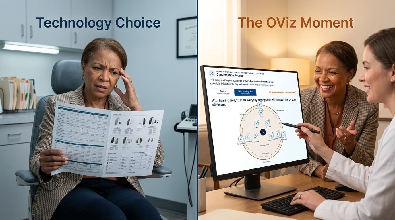 Technology Choice: a patient rubs her forehead over a fold-out comparison chart of hearing aid models and specifications. The OViz Moment: she laughs with her clinician at a screen showing Conversation Access — with hearing aids, 10 of 10 everyday settings feel within reach.
